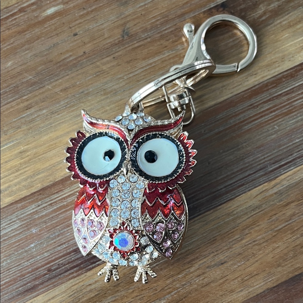 Owl Rhinestone Crystal Keychain Red
